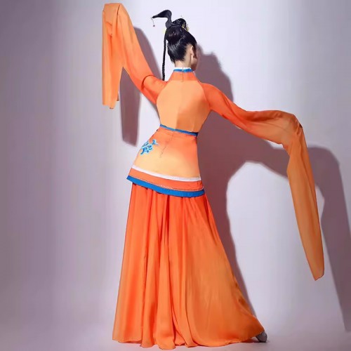 Orange Fairy Hanfu for women girls Chinese folk Classical dance costumes flowing water sleeves ancient dance wear Han Tang dance clothes